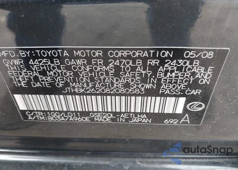 2008 Lexus Is 250 z USA, uszkodzony, nr VIN JTHBK262082080583